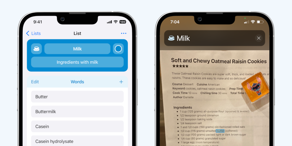 List titled "Milk" alongside screenshot of its usage in the camera