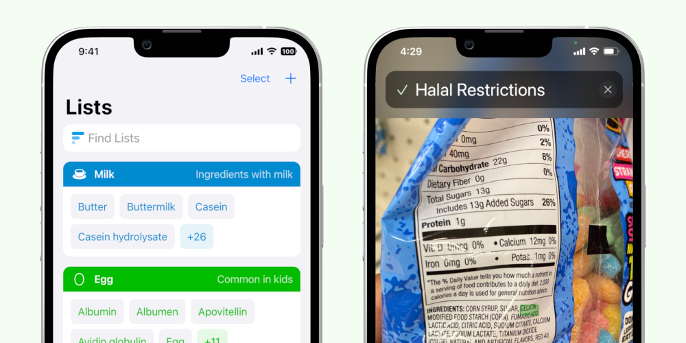 Milk, Egg, and Halal Restrictions lists